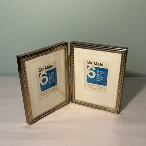 Gold Tone Bi-Fold Double Picture Frame with 6 Mats